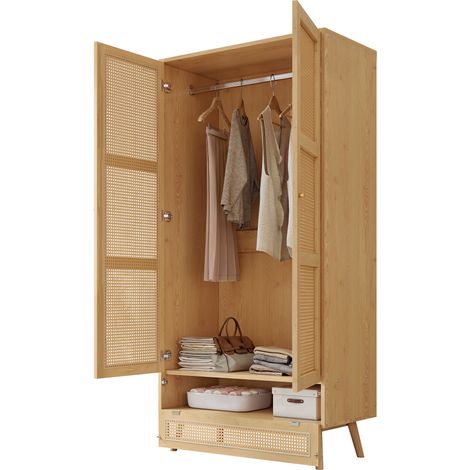 Armadio 90x45x183 cm, 2 Ante con Asta Appendiabiti, Rete in Rattan, Coperchio Inferiore Ribaltabile, Rattan, Naturale, per Camera