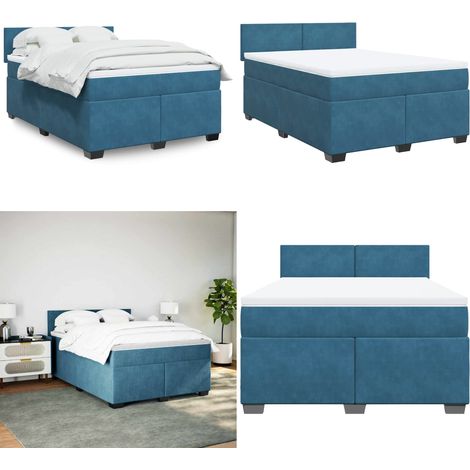 Sommier à lattes de lit et matelas Bleu foncé 140x190cm Velours - Lit Double - Lit Plateforme - Matelas À Ressorts Ensachés - Literie - Chambre À Coucher - Home & Living (1/5)