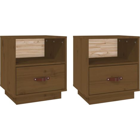 Conjunto de 2 mesitas de noche con cajón y compartimento abierto 40x34x45cm madera de pino color marrón miel DEC035920