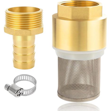 Clapet anti-retour en laiton 1 1/2", filtre d'aspiration 1 1/2", valve à pied en laiton avec clapet anti-retour, crépine, raccord de tuyau et collier de serrage (filetage de vis 1 1/2" + raccord de