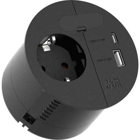Bachmann Einbausteckdose für Arbeitsplatte Loop In Charge mit USB-C 22W Schnellladung und USB-A 18W, schwarz