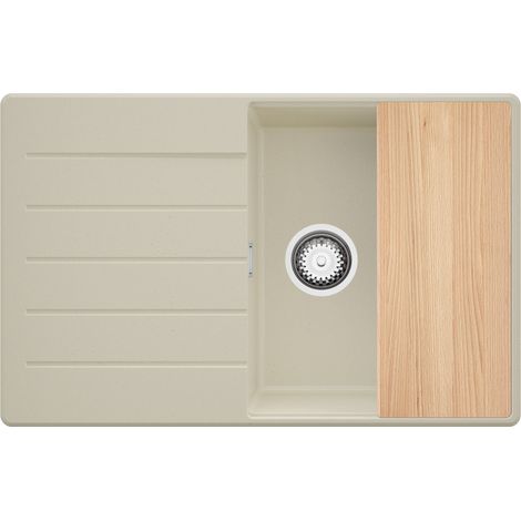 PRIMAGRAN Evier Cuisine en Granit 78x50cm,Lavabo 1 bac + Kit de Vidage + Planche à Découper, Évier à Encastrer au meuble 50cm - Copenhague, Beige (1/5)