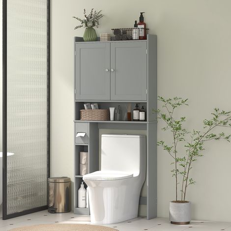Meuble WC dessus de toilette ou machine à laver, 2 portes, 3 compartiments, porte-papier toilette, 80x19,5x170cm, gris (1/5)