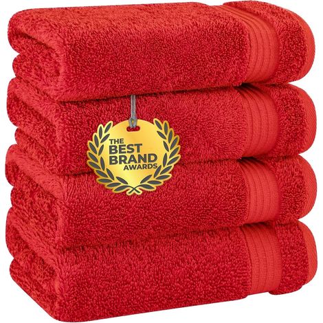 Serviettes de toilette pour salle de bain, Lot de 4 serviettes de toilette turques en 100% coton, Serviettes douces et absorbantes, Serviettes de couleur rouge (1/5)
