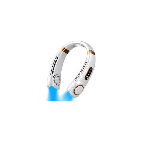 Ventilador de cuello LED portátil, 5 velocidades ajustables, recargable por USB, para mujeres, camping, viajes, uso al aire libre, blanco.