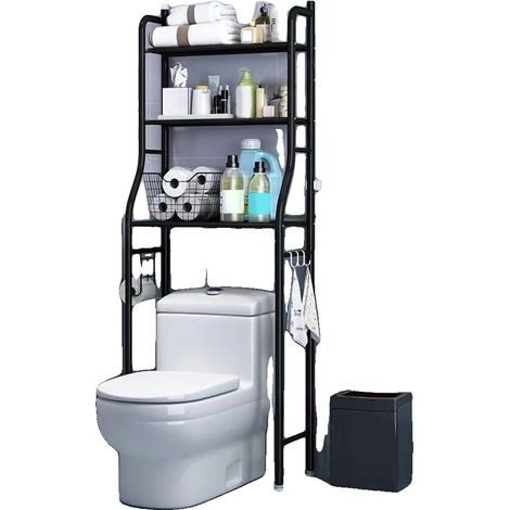 Étagère de rangement au-dessus des toilettes, design à 3 niveaux, solution gain de place, Noir (1/2)