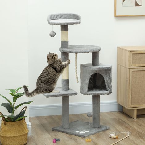 Multifunktionaler Katzenbaum mit Kratzstämmen, Plattformen, Versteck, Seil und Spielzeug, 40 x 40 x 114 cm, grau (1/5)