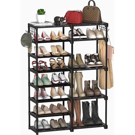 Trade Shop - Percha De Almacenamiento De Doble Hilera Multifuncional De Zapatos Con Ganchos De Organizador -