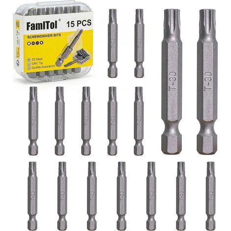 15pcs T30 Torx Bit 50mm Magnetic Screwdriver Bits S2 Steel for Power Tools Electronics Household Appliances and Automotive Repair (1/5)