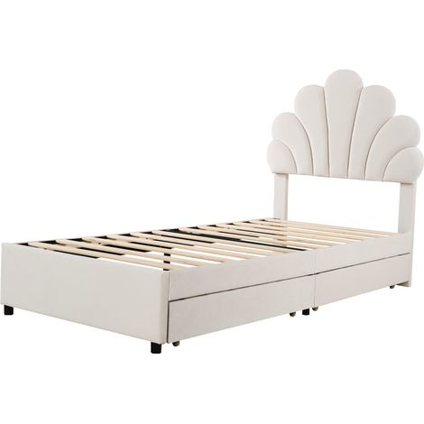 Cama tapizada infantil 90x200 cm de terciopelo beige con cabecero floral y 2 cajones (1/5)