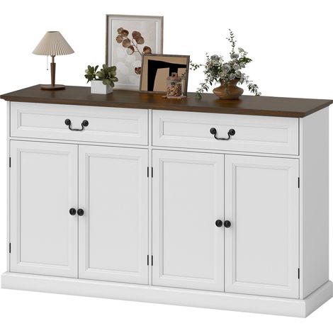 Buffet salon, meuble de rangement avec 4 portes, 2 tiroirs silencieux, étagères réglables, 140x40x85cm, blanc et marron (1/5)