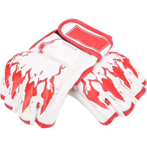 Gants de boxe professionnels MMA sans doigts, en cuir PU, avec sac de frappe et griffes rouges. Semelle blanche. (1/5)