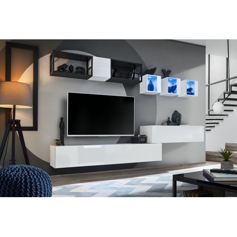 Ensemble meuble TV mural Switch Met III - L 280 x P 40 x H 170 cm - Blanc - Livraison gratuite