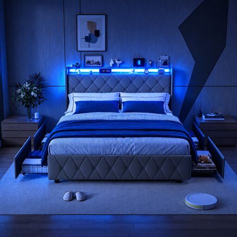 JOOKGBD-Polsterbett 160x200cm mit LED-Beleuchtung und Stauraum,Jugendbett mit USB-Ladefunktion & schubladen,Bett mit Lattenrost und Gepolstertes Kopfteil,Samt,ohne Matratze,Grau