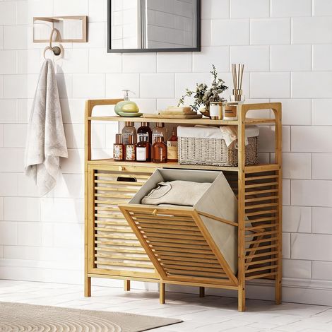 Armoire de salle de bain en bambou avec deux paniers à linge (1/5)