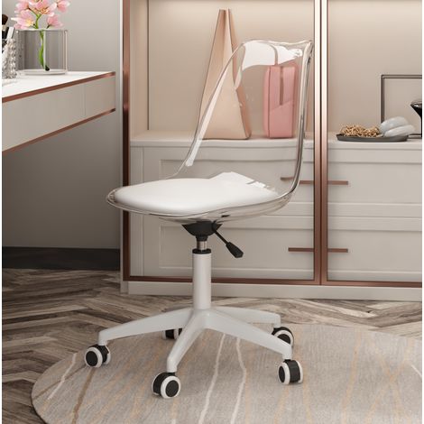 Drehstuhl transparent und weiß, höhenverstellbar mit gepolstertem Sitz und Rollen (1/5)