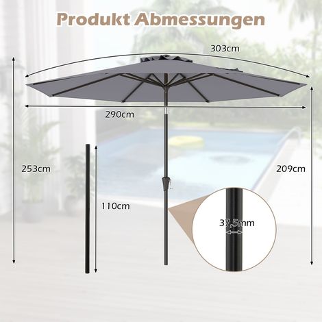 Sonnenschirm für Terrasse, 300 cm, neigbar und mit Kurbel, grau, wasserabweisend