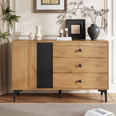Buffet/sideboard 120x35x76 cm avec 1 porte et 3 tiroirs, pieds métal, panneaux de particules noir/naturel (1/5)