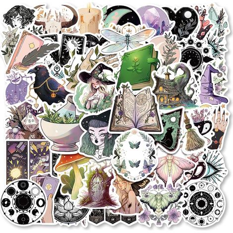 Lot de 100 Autocollants de Sorcière Vintage, Imperméable Vinyle Decoration Autocollant, pour Scrapbooking Valise Ordinateur Portable Journaling Thermos Skateboard Cahier Frigo Guitare Tasse (1/5)