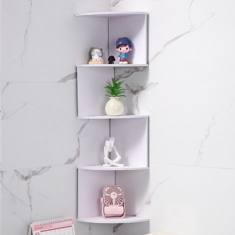 Étagère d’angle murale blanche à 5 niveaux, rangement vertical peu encombrant, bibliothèque d’angle pour salon, chambre, bureau et cuisine (1/5)