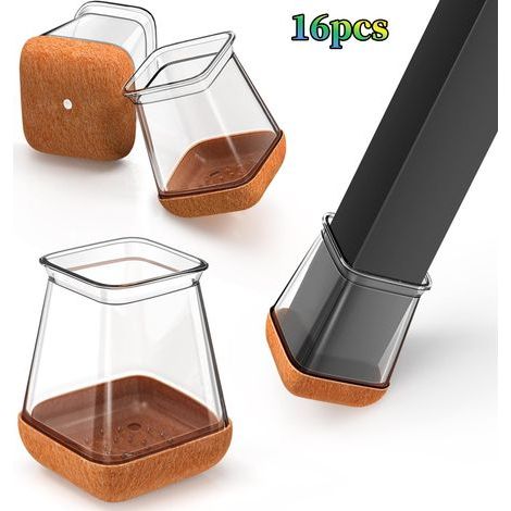 16 pièces de protections de pieds de chaise carrées transparentes de taille S (13-20 mm), protections de sol en silicone, réduisent le bruit et évitent les rayures (1/5)