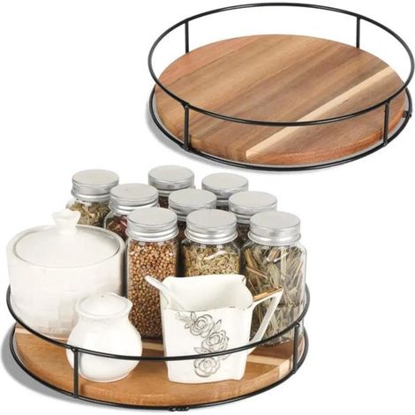Plateau tournant de cuisine - 32 cm - Organisateur et étagère à épices - Rotatif - Rangement plan de travail - Bois - Noir