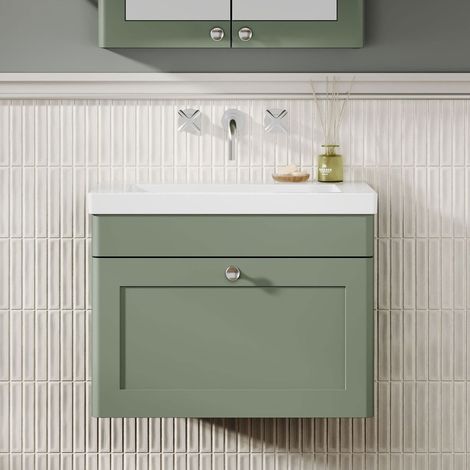 Nuie Classique Wall Hung 1-Drawer Vanity Unit with 0TH Contemporary Basin 600mm Wide - Satin Green (1/5)