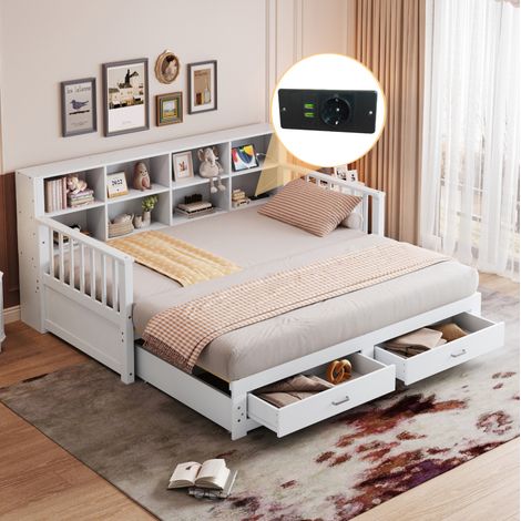 Letto con letto aggiuntivo 90x190 cm e 180x190 cm, presa di ricarica, mobile portaoggetti, 2 cassetti e rete a doghe, senza materasso, bianco (1/5)