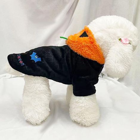 Abbigliamento per cani in peluche, spesso e imbottito in poliestere, con cappello a forma di zucca di Halloween e motivo a pipistrello demoniaco, cappotto in peluche per uso interno ed esterno (L) (1/5)