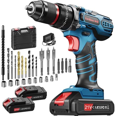 21V Cordless Impact Drill, Cordless Drill Driver 2 Batteries 2.0Ah, 45Nm Maximal, 25+3 Torque Driver, 2 Speed (1/5)