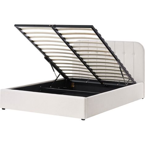 Cama con somier de tela 140 x 200 cm con cabecero almacenaje elevable blanco crema Challans (1/5)