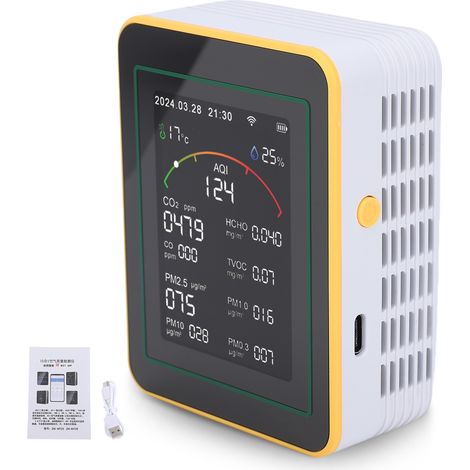 Moniteur de qualité de l'air, détecteur WiFi 15 en 1 avec écran LCD couleur adapté pour Tuya Smart, détecte PM0,3 PM1,0 PM2,5 PM10 CO CO2 HCHO TVOC Température humidité MT15 Blanc. (1/5)