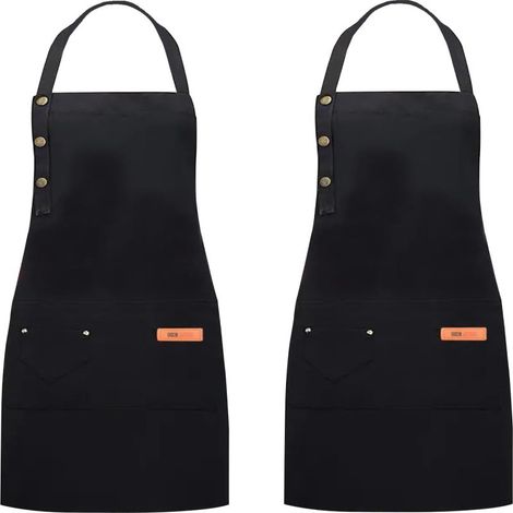 Lot de 2 tabliers de cuisine noirs type bavoir, ajustables, imperméables et résistants à l'huile, avec poche. (1/5)
