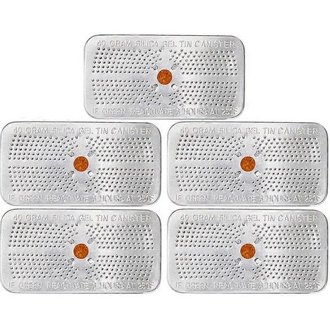 Lot de 5 boîtes déshydratantes en gel de silice (40 g) avec indicateur de contenance. (1/4)
