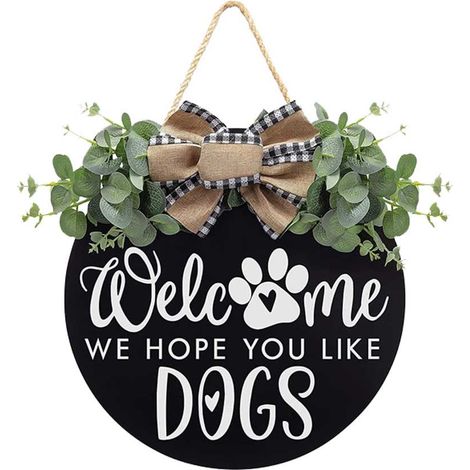 Plaque de Porte Bienvenue Ronde 30 cm Noir Motif Chien, Décoration Murale pour Entrée, Café et Restaurant (1/5)