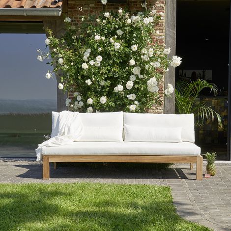 Berah Getah – Canapé de jardin en teck massif – 5 coussins déhoussables – Longueur 205 cm – Largeur 94 cm – Hauteur 78 cm – Bois certifié