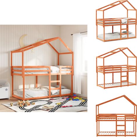 Etagenbett mit Dach Wachsbraun 90x200 cm Massivholz Kiefer - Kinderbett - Etagenbett - Hochbett - Holzbett - Kiefernholzbett (1/5)