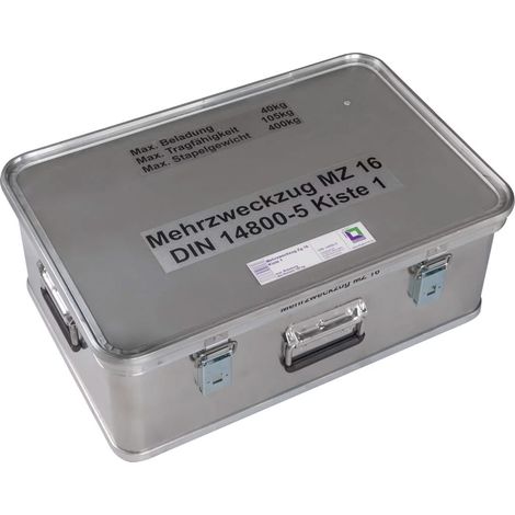 MUNK Rettungstechnik Aluminium Kasten 600x400x220mm mit Deckel, Beschriftung "Mehrzweckzug MZ 16 Kasten 1" (1/2)