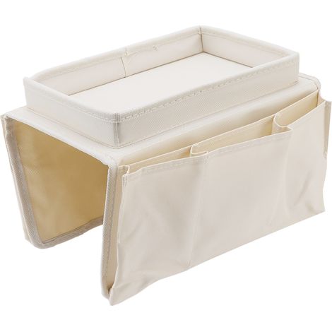 Plateau de canapé pliable avec rangement intégré, en tissu Oxford 600D beige, avec poches latérales. (1/5)