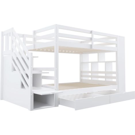 Letto a castello 90 x 200 cm bianco con scala contenitore, cassetti e armadio (1/5)