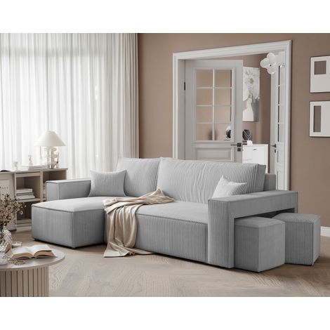 Ecksofa Schlafsofa Sofa ADARA inkl. Hocker Stoff Poso Hellgrau Ottomane Links