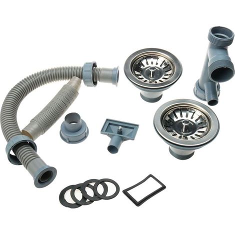 Ensemble de tuyau vidange flexible en plastique pour double baignoire et lavabo avec crépine (1/3)