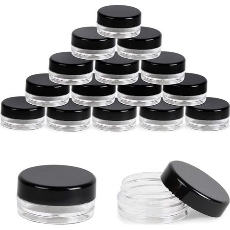 Lot de 60 petits récipients en plastique avec couvercles et étiquettes noirs, 3 ml chacun. (1/3)