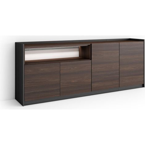 Skraut Home - Credenza, Mobile, Cucina, Madia, mobile ingresso, 207x37x80cm, 4 Porte, LED, Stile moderno, Rovere scuro e Nero (1/5)
