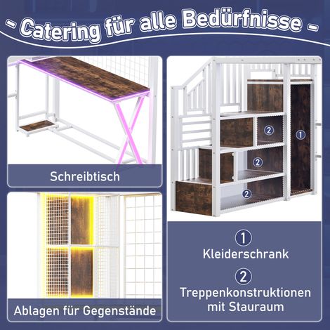 Lit mezzanine 140 x 200 cm avec éclairage LED, échelle de rangement, bureau, armoire, étagères, sans matelas, blanc (1/5)