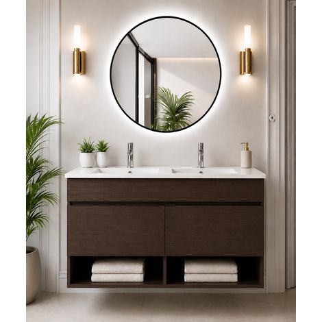 Badmöbel hängend mit Waschbecken extra flach ORIGENBATH NEBARI mit Türen ohne Spiegel 120x45 cm Doppelwaschbecken Esche Tea