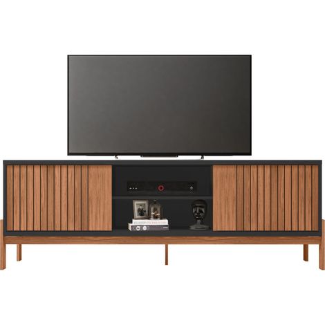 Meuble TV 72 Pouces Chêne et Noir 2 Portes 4 Niches L 180.6 H 62.6 P 36 cm (1/5)