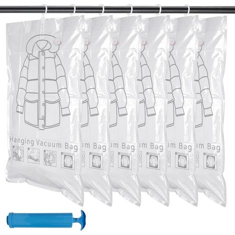 Lot de 6 sacs sous vide à suspendre avec crochet et pompe - 110 x 70 cm - Pour costumes, manteaux, vestes contre l'humidité, la poussière, les mites, les poils d'animaux (1/5)