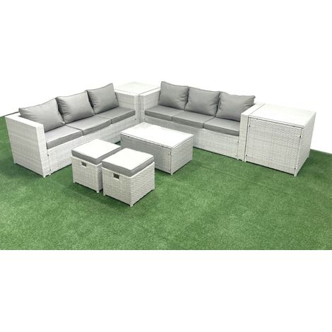 Fimous Ensemble de meubles d'extérieur en rotin 8 places avec 2 Petits tabourets 2 Tables d'appoint Gris clair mixte (1/5)