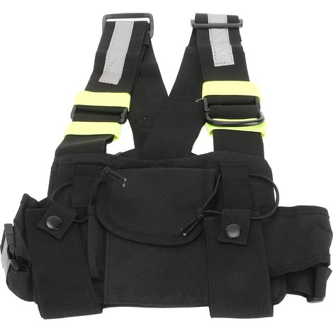 Sacoche de poitrine universelle pour talkie-walkie bidirectionnel, avec bretelles réglables vert fluorescent et bandoulières ajustables. (1/5)